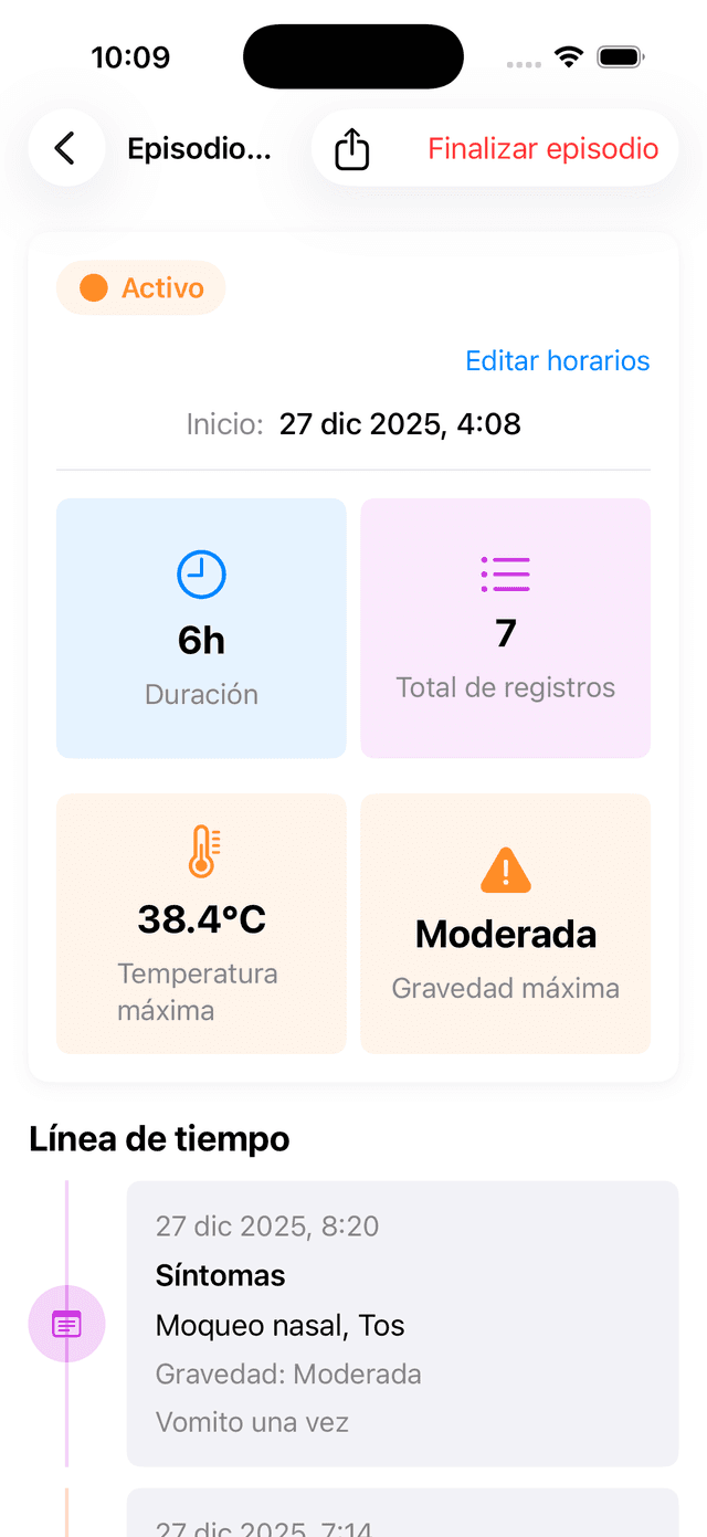 Vista del episodio con duración, registros, temperatura y gravedad de un vistazo