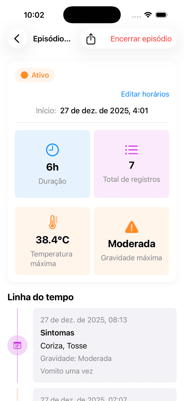 Vista do episódio com duração, registos, temperatura e gravidade à vista