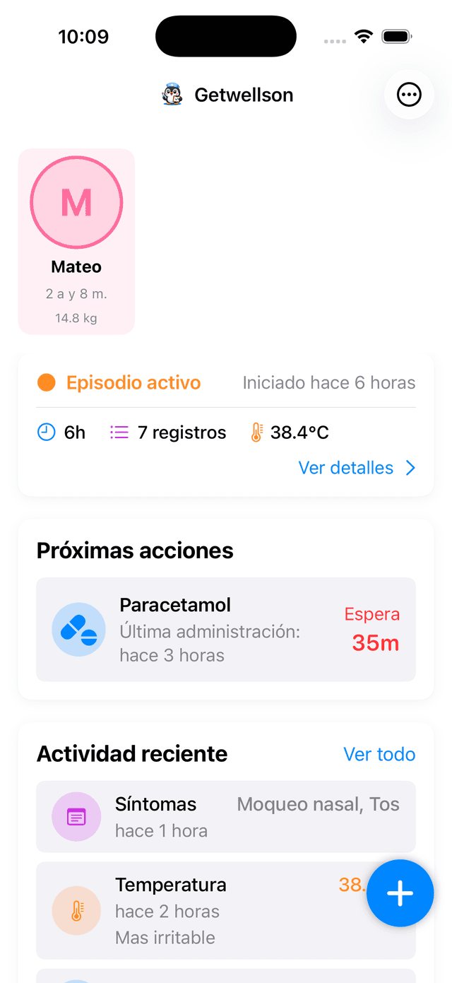 App Getwellson: sigue la salud de tu hijo con episodios activos, cuenta regresiva de medicación y línea de tiempo de actividades