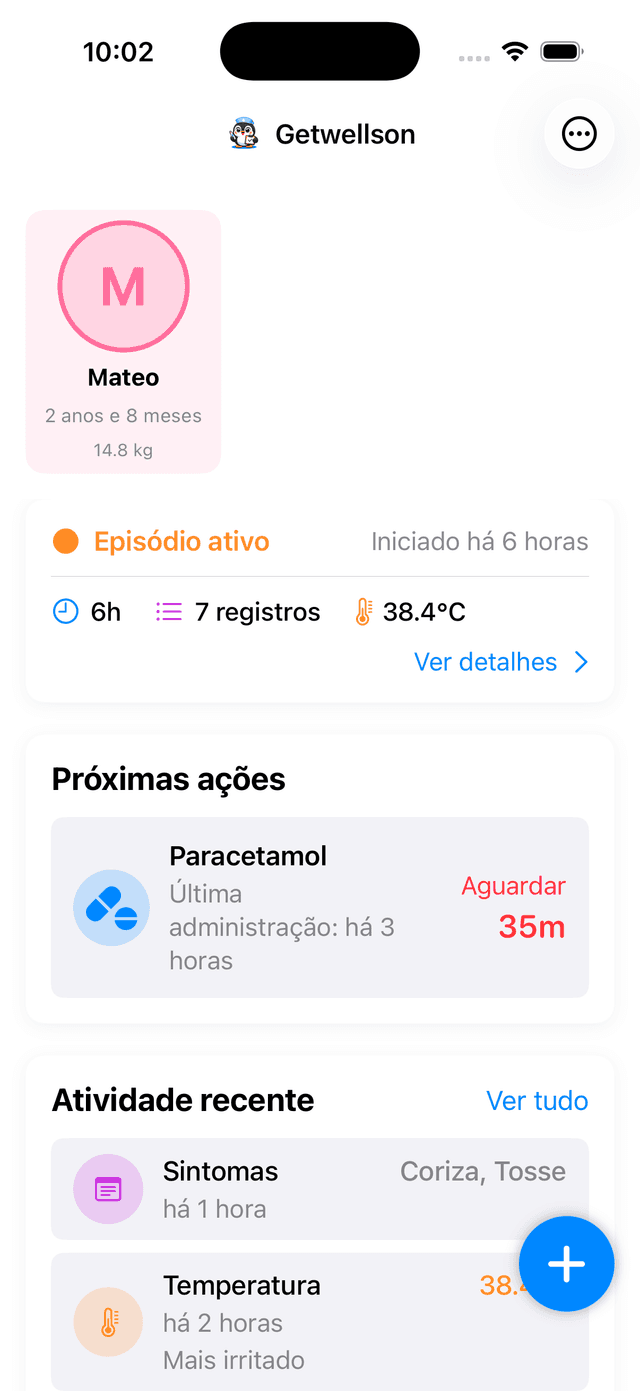 App Getwellson - Acompanhe a saúde do seu filho com episódios ativos, contagens de medicação e linha temporal de atividades
