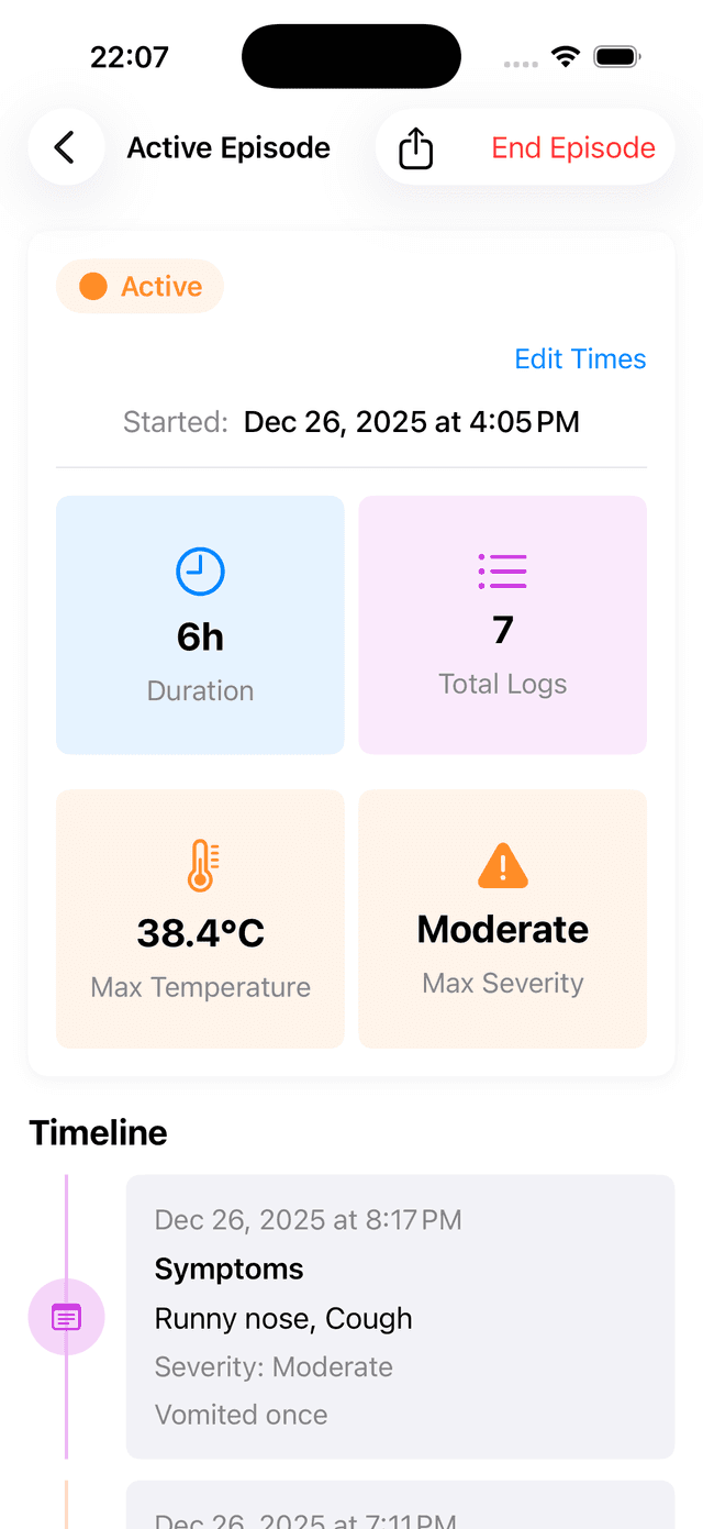 Episode detail view showing duration, logs, temperature, and severity at a glance