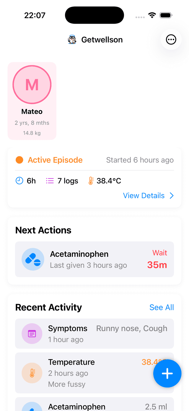 Getwellson app - Track your child's health with active episode monitoring, medication countdowns, and activity timeline