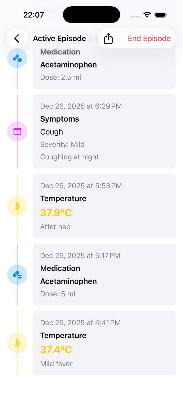 Timeline view with color-coded entries for medications, symptoms, and temperature readings
